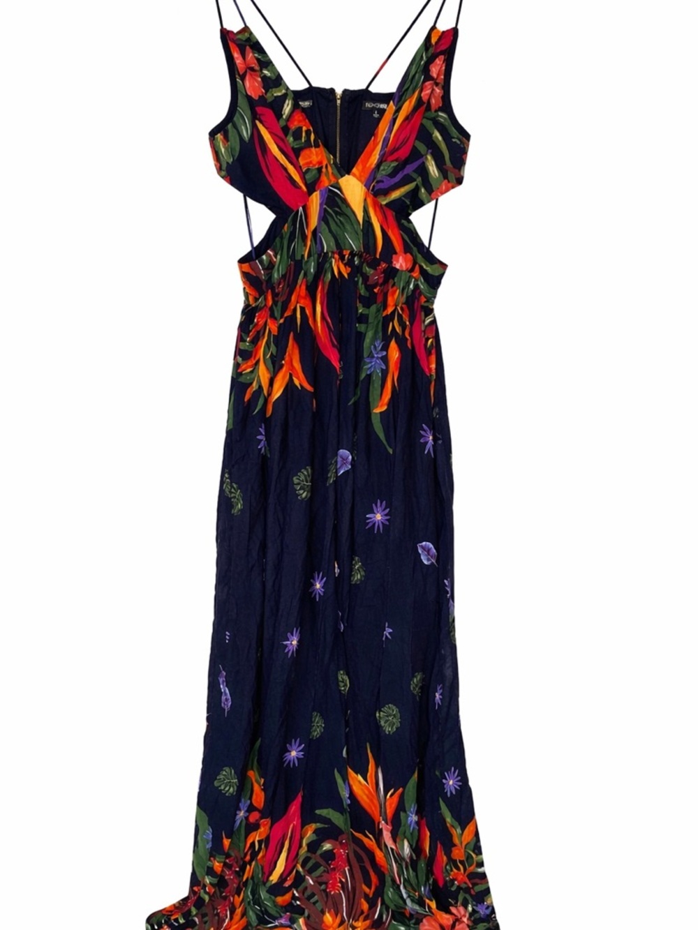 Fashion Nova Navy Maxi Dress with Orange, Red & Green Floral Print